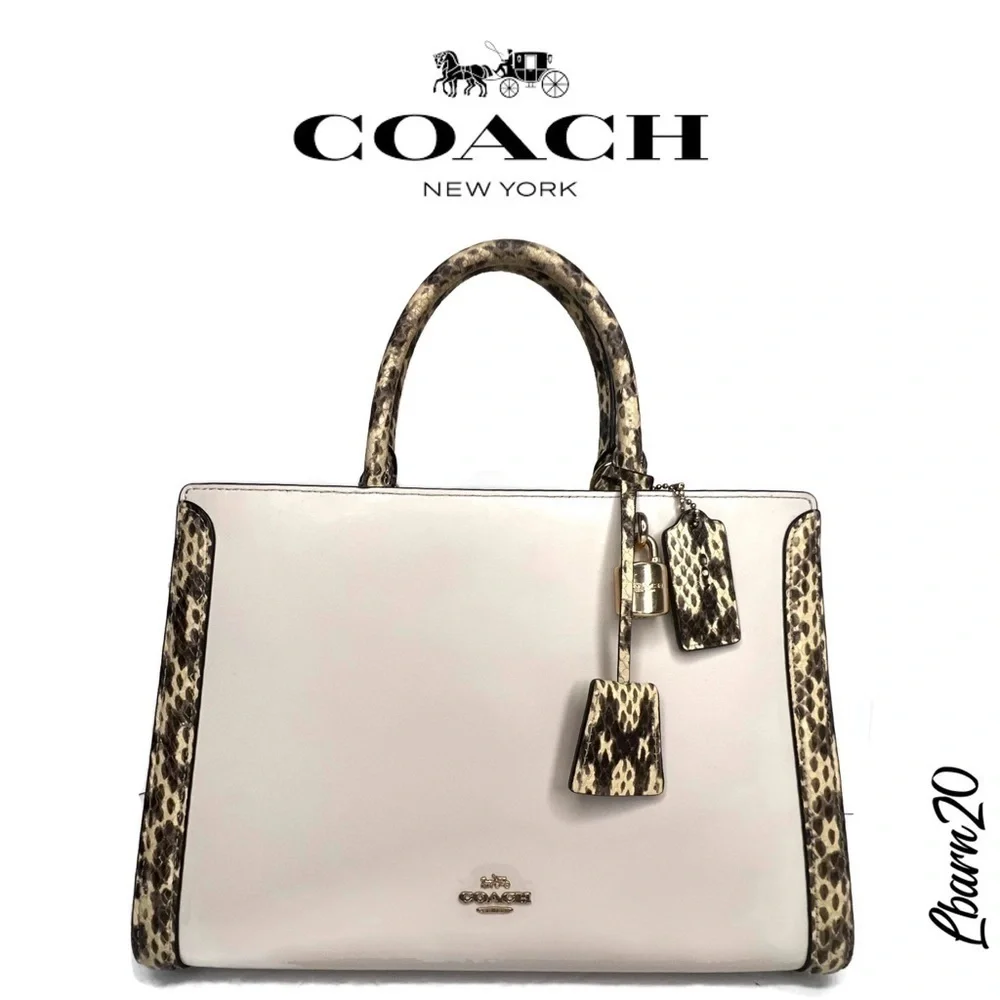 Coach Zoe Chalk Exotic Snakeskin Trim Top Handle Satchel Bag F68293 Zoe